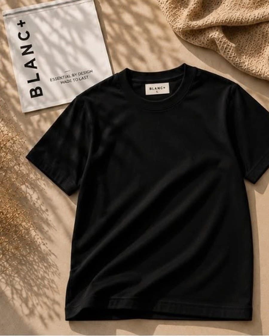 The Blanc+ Essential Tee in black, laid flat on a warm sand backdrop