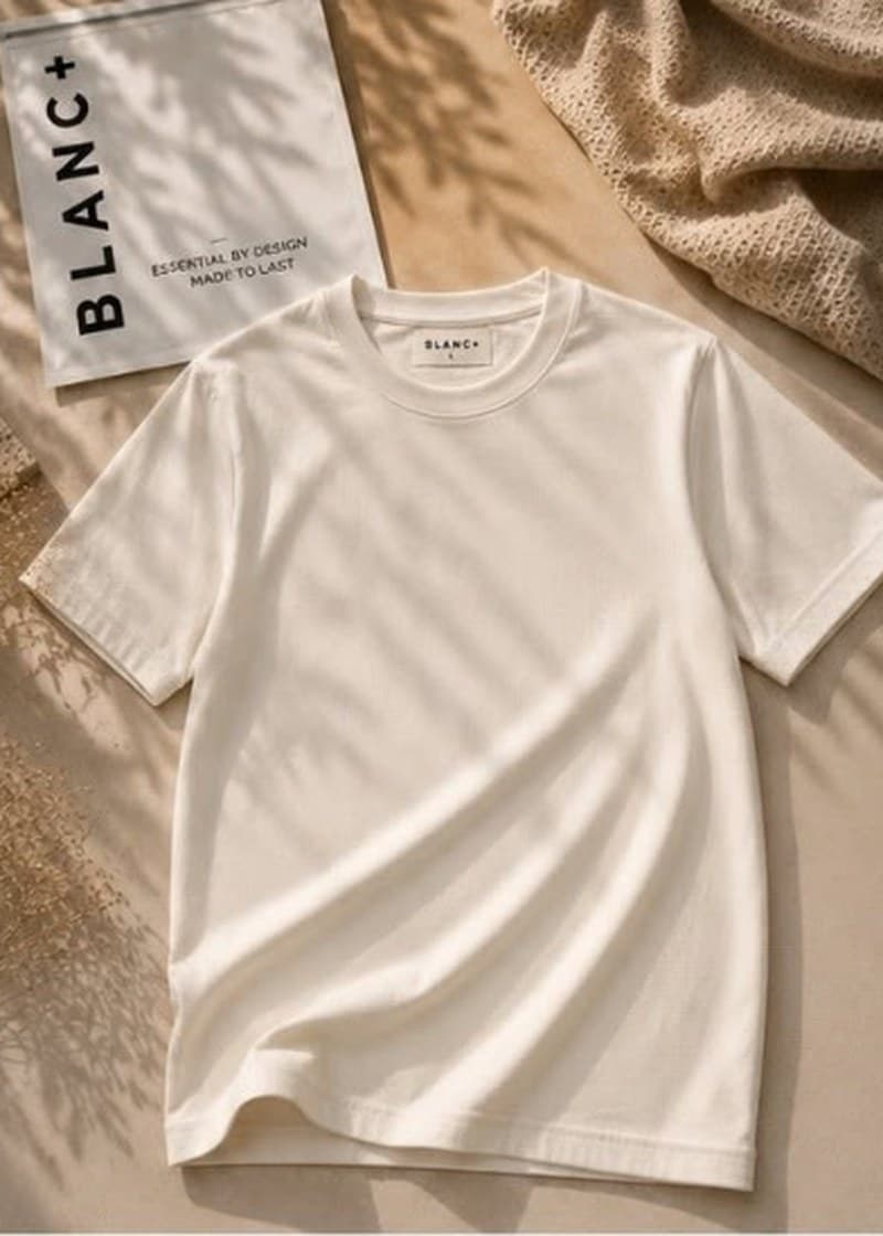 The Blanc+ Essential Tee in cream, shown flat from the front