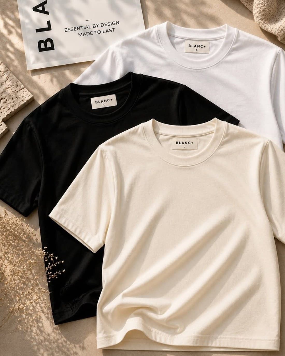 The Blanc+ Essential Tee in white, black and cream, laid flat beside a Blanc+ pouch in warm daylight