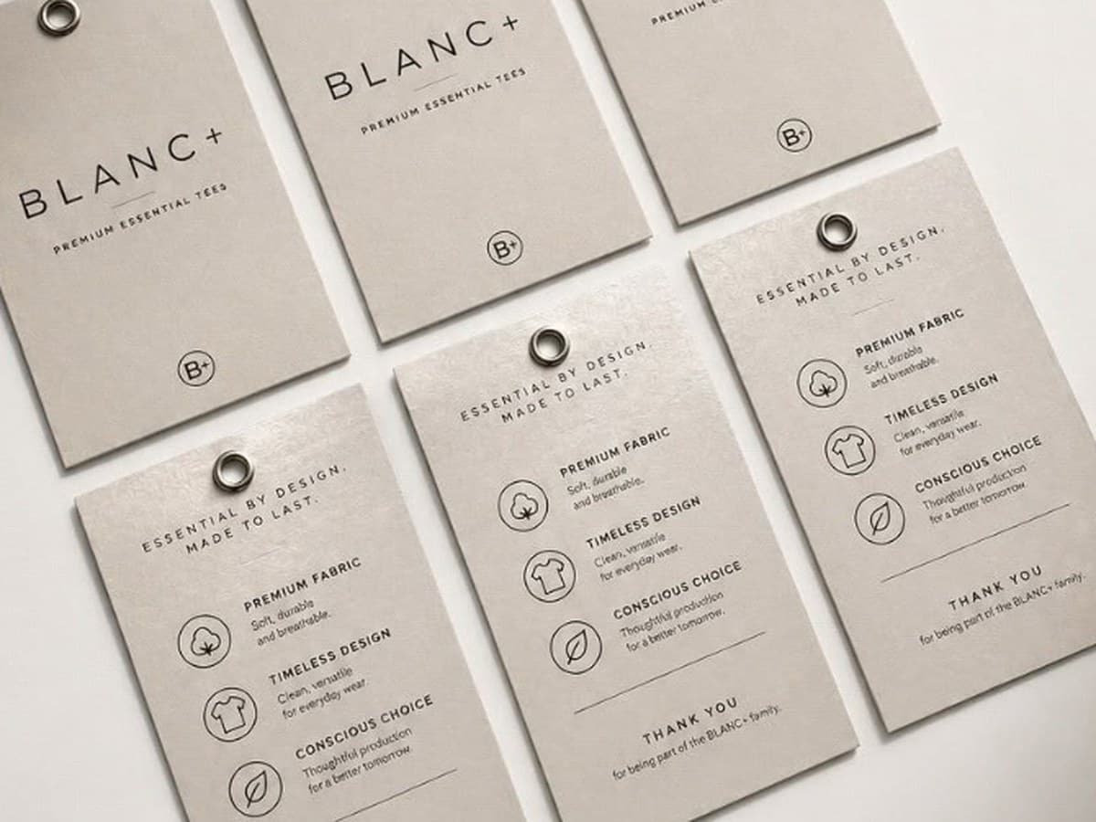 Blanc+ hangtags showing the wordmark and the B+ monogram